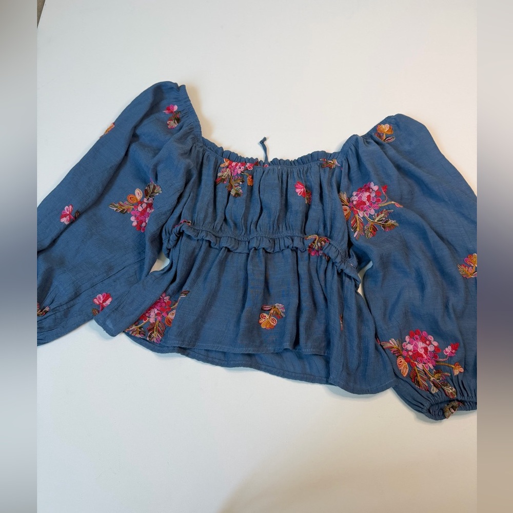 Wild Moss Blue Embroidered Boho Off Shoulder Peasant Blouse Floral Top size L - Picture 6 of 7